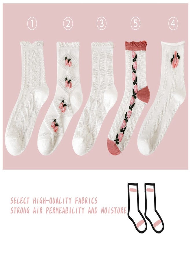 jecvxor 5 Pairs Women's Mid Socks Set, Pink and White Thin Knitted Breathable Ankle Socks, Floral Spring Summer Mid Crew Socks - Image 5